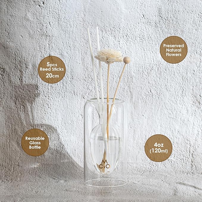 Empty Fragrance Glass Reed Diffuser Bottles with 5pcs Reed Diffuser Sticks,Luminous Base,Decorative Flower Bud Fragrance Accessories Use for DIY Replacement Reed Diffuser Sets,Elliptical