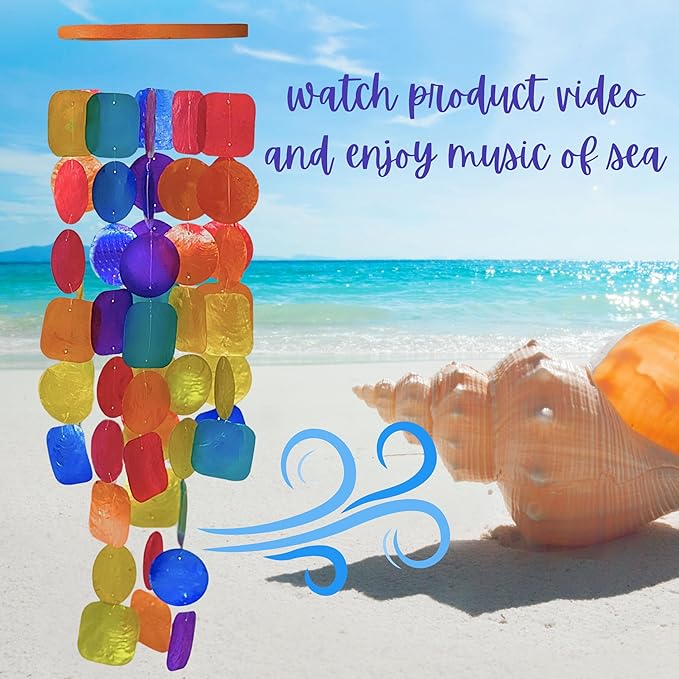 Bellaa 22890 Wind Chimes Outside, Garden Decorations, Musical, Chime, Outdoor Windchimes, Rainbow, Beach, Ocean, Breeze, Gifts for Mom, Gift for All Occasions, Capiz Sea Glass Shells Wood