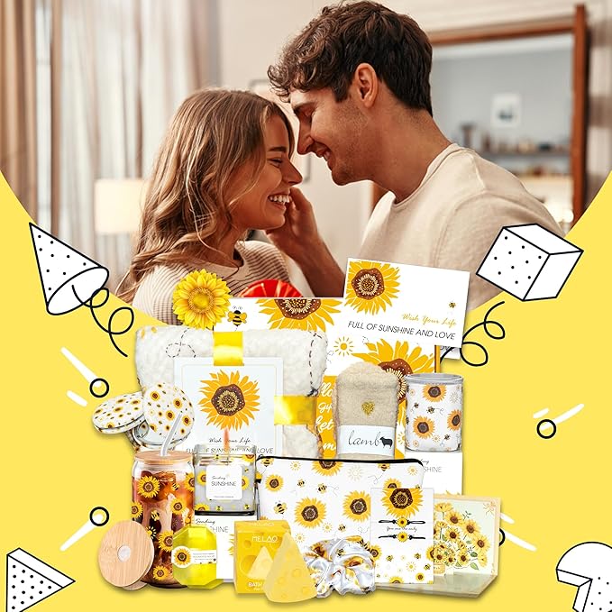 Sunflower Gift Baskets for Women, Sending Sunshine Unique Birthday Cheer Up Box Self Care Package, Get Well Soon Spa Gifts Set Box w/Blanket- Thinking of You Gift for Her, Girls, Women, Sister, Mom