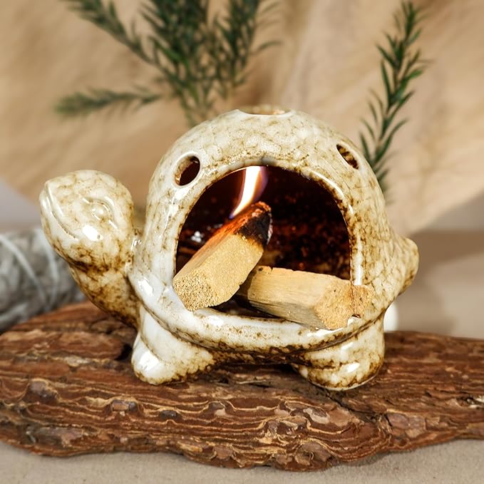 Handcrafted Brown Ceramic Turtle Mini Chiminea Palo Santo Burner Holder ，for Burning Sage、Cone Incense、Copal&Small Candle，Thoughtful Gifts for Meditation, Yoga, Aromatherapy Altar、Zen Spaces