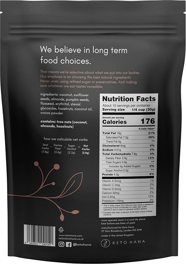 Keto Hana Keto Nut Granola (11oz), Cocoa Flavored- Low Carb, Low Calorie, High Protein (2g Net Carbs) (Pack of 2)