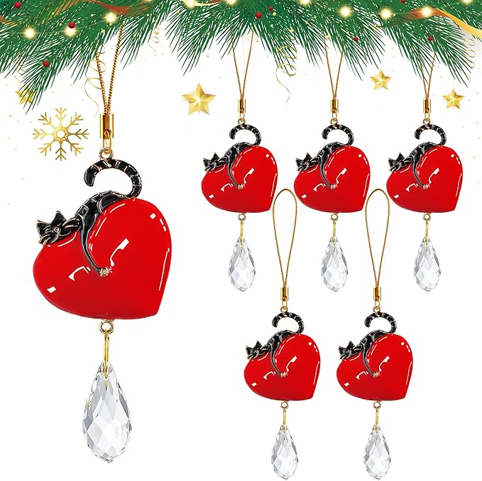 H&D HYALINE & DORA Red Heart with Black Cat Decor Hanging Ornaments Christmas Tree Ornaments Crystal Glass Animal Hanging Ornament 2025(Set of 6)