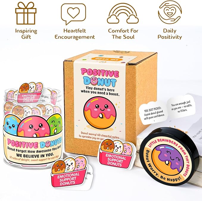 Emotional Support Donut – Funny Donut Gifts For Women, Kid - 60 Positive Donut Daily Affirmation Cards Jar – Inspirational Gifts for Women - Self Care Gift for Coworkers, Teens, Friends, Boss