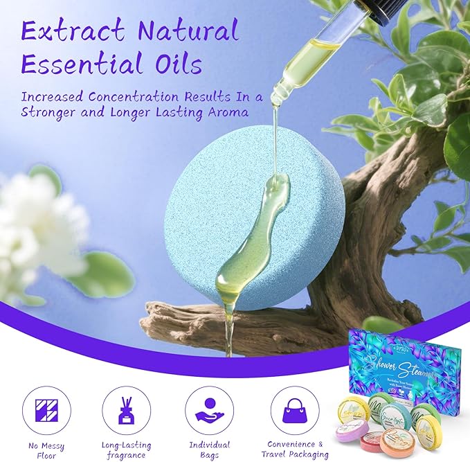 Shower Steamers Aromatherapy 8 Pack - Gifts for Women, Shower Bombs with Essential Oils, Self Care and Stress Relief Stocking Stuffers, Relaxation Birthday Gifts for Women and Men. Blue Petal Style