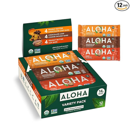 ALOHA Organic Plant Based Protein Bars - 3 Flavor Variety Pack - 12 Count, 1.98oz Bars - Vegan Snacks, Low Sugar, Gluten-Free, Low Carb, Paleo, Non-GMO, Stevia-Free, No Sugar Alcohol Sweeteners