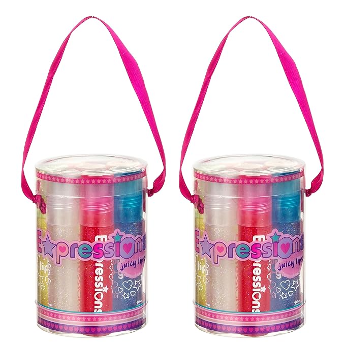 EXPRESSIONS 16pc Roller-Ball Glitter Lip Gloss Set, 8 Assorted Fruit Flavored Roll On Rollerball Lip Gloss for Kids, Safe, Non Toxic Kids Makeup Set