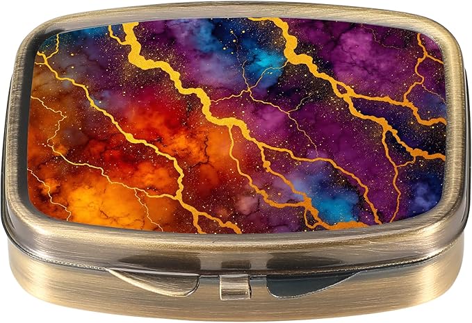 Dynippy Pill Case Pill Box with Mirror Retro Pocket 2 Compartment Medicine Case Vitamin Pill Organizer for Pocket Purse and Travel (A-Colourful Marble Pattern)