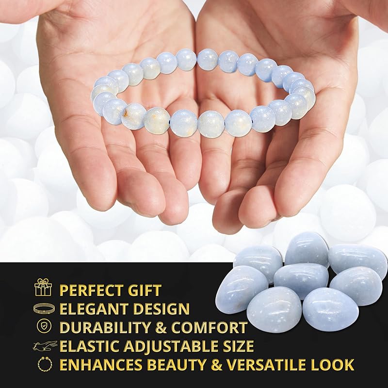 Genuine Angelite Bracelet – Healing Crystal Bracelet for Women and Men – 8mm Round Beaded Bracelet for Spiritual Healing, Positive Energy – Elastic Adjustable Size Gemstone Bead Bracelet