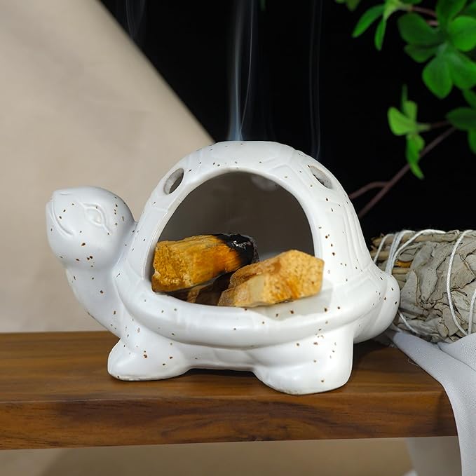 Handcrafted White Ceramic Turtle Palo Santo Holder, Sage, Cone Incense and Copal Burner Holder | Ideal for Meditation, Yoga, Aromatherapy & Altar Spaces | Zen-Inspired Home Decor Gift