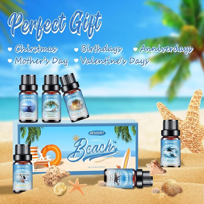 Beach Fragrance Oils Set,6 Premium Summer Essentials Oils for Diffusers for Home,Candle & Soap Making, Ocean Breeze,Hawaiian Suntan,Sun & Sand,Marine,Rock Salt & Driftwood,Seashore Stroll Scented Oil