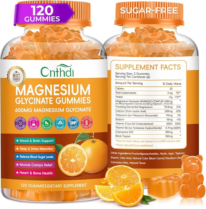 Magnesium Glycinate Gummies, High Absorption Magnesium Gummies with L-Threonate, Calcium, Vitamin B6, D3, Sugar Free Chews for Adults & Kids Relaxation, Stress Relief, Night Rest