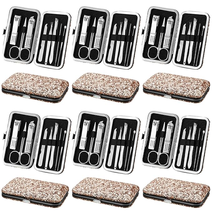 Geosar 12 Set 8 in 1 Manicure Set Stainless Steel Nail Clippers Kit Pedicure Care Tools with Leather Case Travel Grooming Kit Gift for Women Men(Glitter Rose Gold)