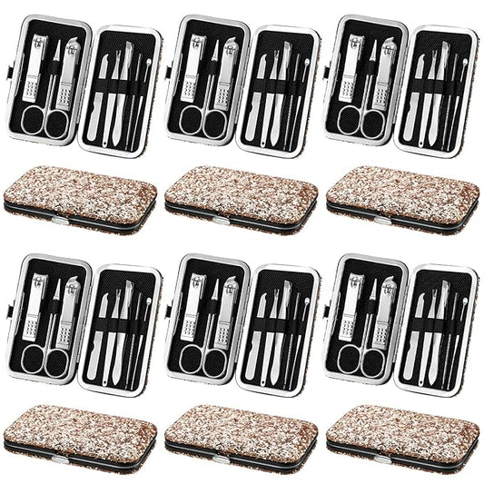 Geosar 12 Set 8 in 1 Manicure Set Stainless Steel Nail Clippers Kit Pedicure Care Tools with Leather Case Travel Grooming Kit Gift for Women Men(Glitter Rose Gold)