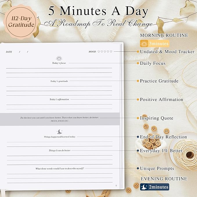 Lanpn Daily Gratitude Journal for Woman Men, 4 Month Mindfulness & Affirmation Planner, 7.8"x9.2" The 5 Minute Grateful Diary, Guided Reflection with Positivity Prompts & Quotes Undated Notebook