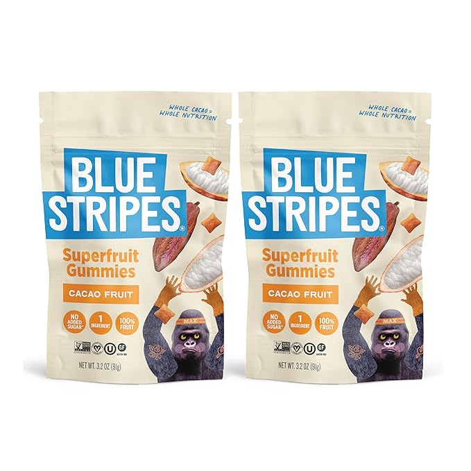 Blue Stripes Cacao Superfruit Gummies - Vegan Chewy Fruity Snack, No Sugar Added 100% Fruit Gummy, 9 Essential Vitamins & Minerals, Natural Tropical Superfood, Use on Granola, Yogurt - 3.2 oz (2 Pack)