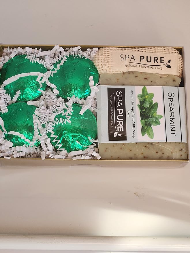 Spa Pure Aromatherapy Gift Set: Spearmint Artisan soap, 4 Shower Steamers, made in USA with plant based ingredients, Cotton Shower Steamer & Soap Bag