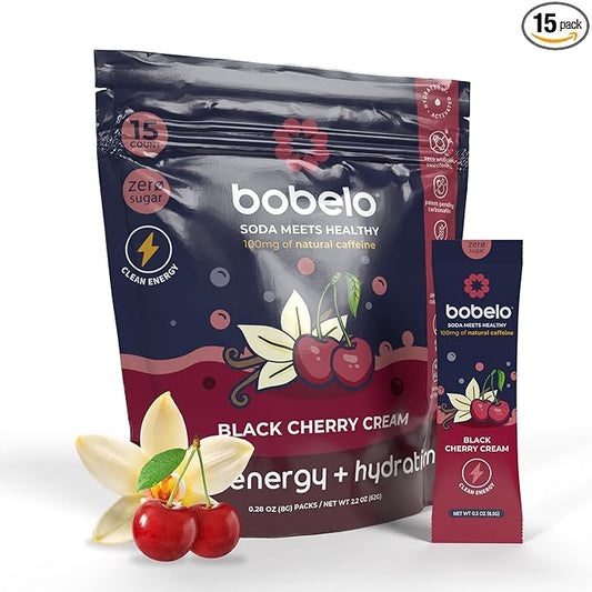 Bobelo Black Cherry Cream Energy Drink Powder, Sugar Free, Electrolytes with Guarana Caffeine, 15 Count