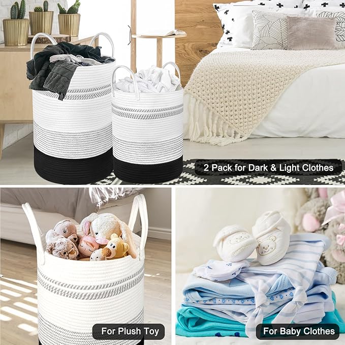 2 Pack Large Tall Rope Laundry Baskets, Cotton Laundry Hamper, Dirty Clothes Hampers Woven Basket, Blanket Basket Storage for Living Room, Dirty Clothes Baskets for Bedroom, Baby Room, 58L&28L Black