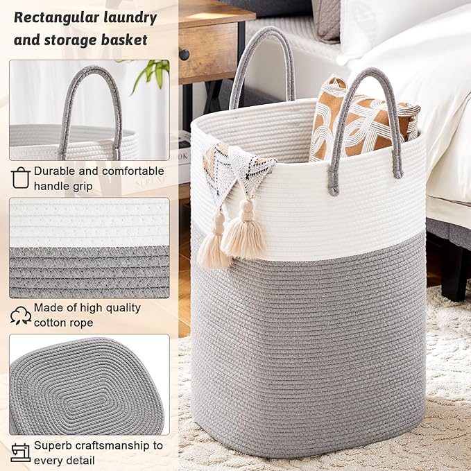 Laundry Basket,Woven Cotton Rope Laundry Hamper,Versatile Storage for Dirty Clothes,Baby Toys,and Blankets in Bathroom, Nursery,and Living Room (Grey, 60L)