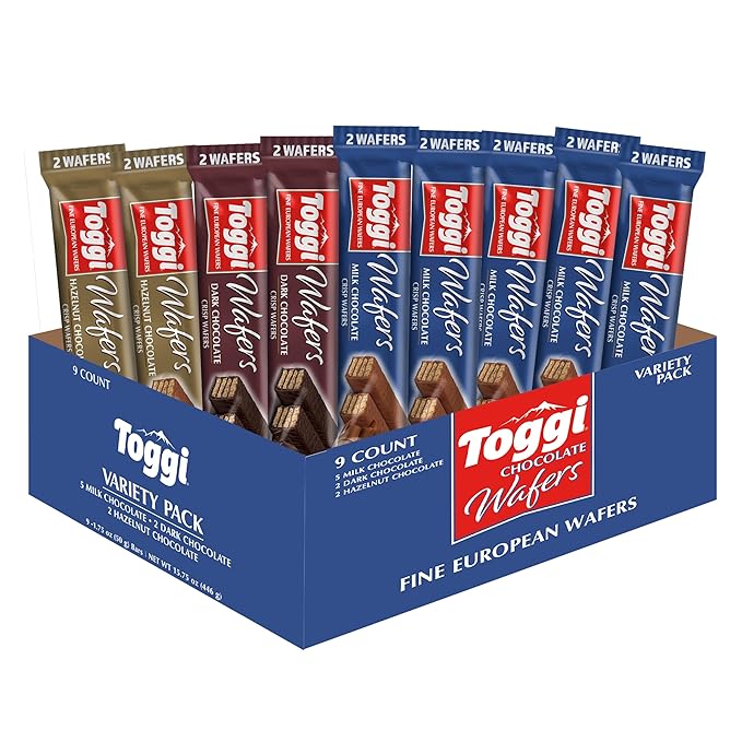TOGGI Fine European Chocolate Wafers, Variety Snack Box, Milk Chocolate, Dark Chocolate, and Hazelnut (1.75 oz 9 Count)