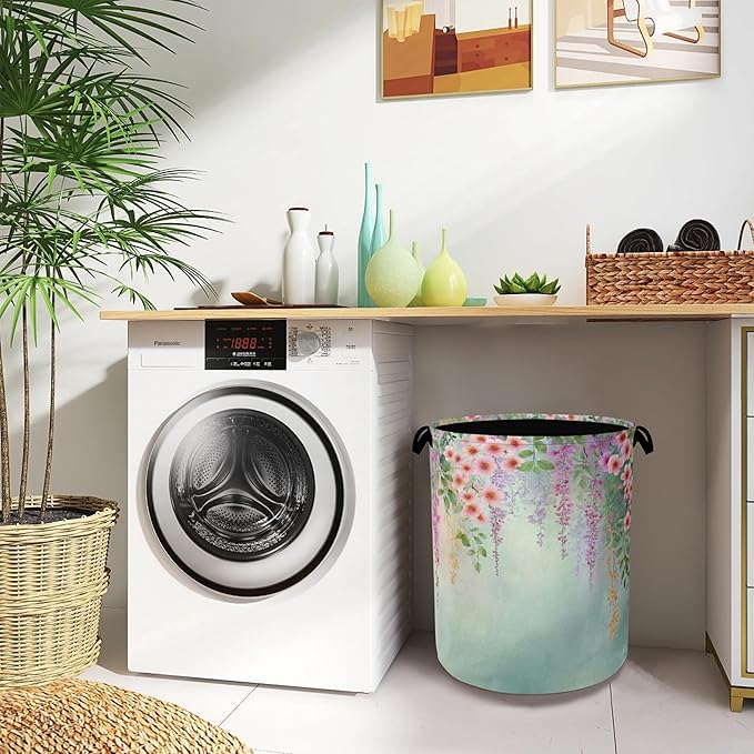 Colorful Flowers Laundry Basket,Foldable with Handles Tote Bag Oxford Cloth for Bathroom Bedroom Dirty Clothes Storage Bucket 16" x 20.8"