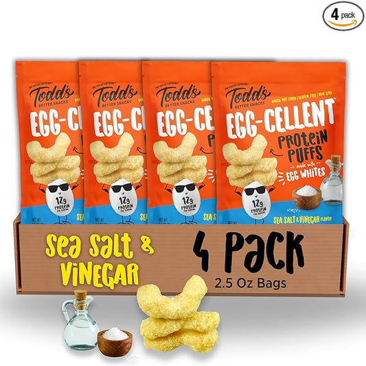 Todd's Better Snacks Egg-Cellent Protein Puffs, Sea Salt & Vinegar – 12g Protein, Gluten-Free, Paleo-Friendly, Baked, GLP-1 Compliant – Healthy Snack, Made with Egg Whites – 2.5 Oz (Pack of 4)