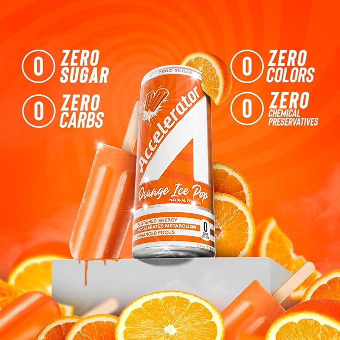 Accelerator Energy Drink Sugar Free, Orange Ice Pop 12oz can(12 pack), Zero Sugar Energy Drinks with Sustained Energy from 100% Natural Caffeine (200mg) & Green Tea extract
