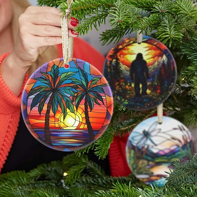 Christmas Ornament - Round Ceramic Decor - Christmas Hanging Decor - Christmas Tree Decorations - Christmas Tree Ornaments - Gifts Exchange (Retro Beach)