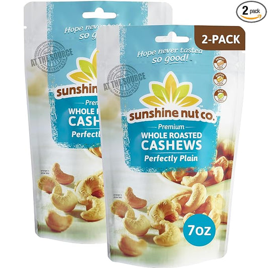 Sunshine Nut Company Whole Roasted Cashews, Perfectly Plain Flavor, No Added Salt, 2 Pack, 7 oz. Each, Gluten Free, Peanut Free and Vegan Individual Snack Packs for Kids and Adults, GMO Free