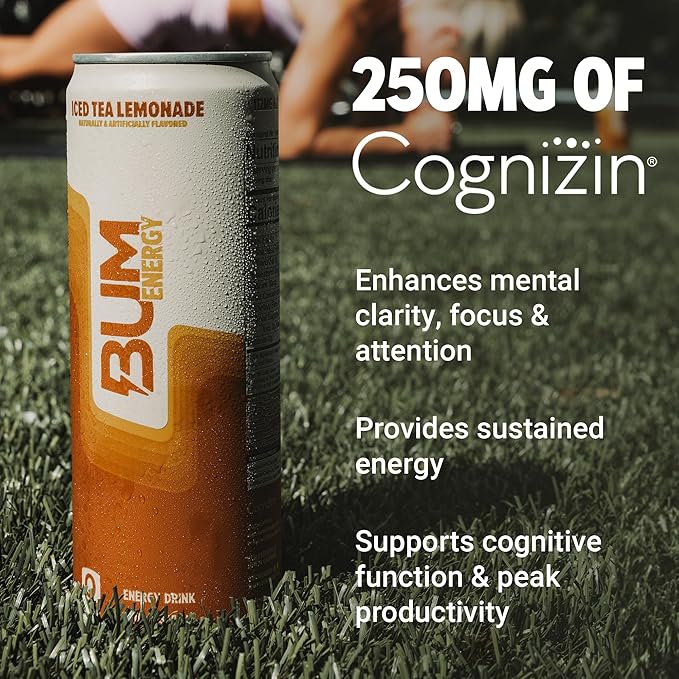BUM Sugar-Free Energy Drink, Iced Tea Lemonade - No Artificial Colors, Natural Caffeine & Citicoline for Energy & Focus, Brain Boost & Workout Sports Beverage - 12 oz, Pack of 12