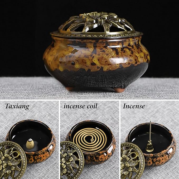 Ceramic Incense Burner with Lid, Bowl Burner， Cone Incense Burner, Ceramic Censer Suitable for Incense/Cone/Coil/Sticks, There are 30 Incense Cones+ Metal Incense Holder+Fireproof Cotton Inside.