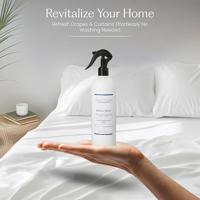 FIELD FLEUR Beachwood Linen & Room Spray 15.5 oz - Aromatic & Refreshing Bedding & Fabric Mist - Air Freshener for Clothes & Sofas - Notes of Peach, Orange Blossom, Moss & Sandalwood -Made in USA