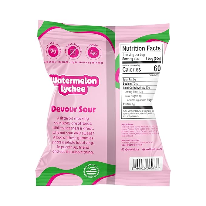 Blobs SOUR Gummy Candy Low Sugar, Low Calorie, Gluten Free for Kids & Adults - No Sugar Alcohols, Vegan, No Dyes - 1.8 oz per Bag (Pack of 6) - Watermelon Lychee