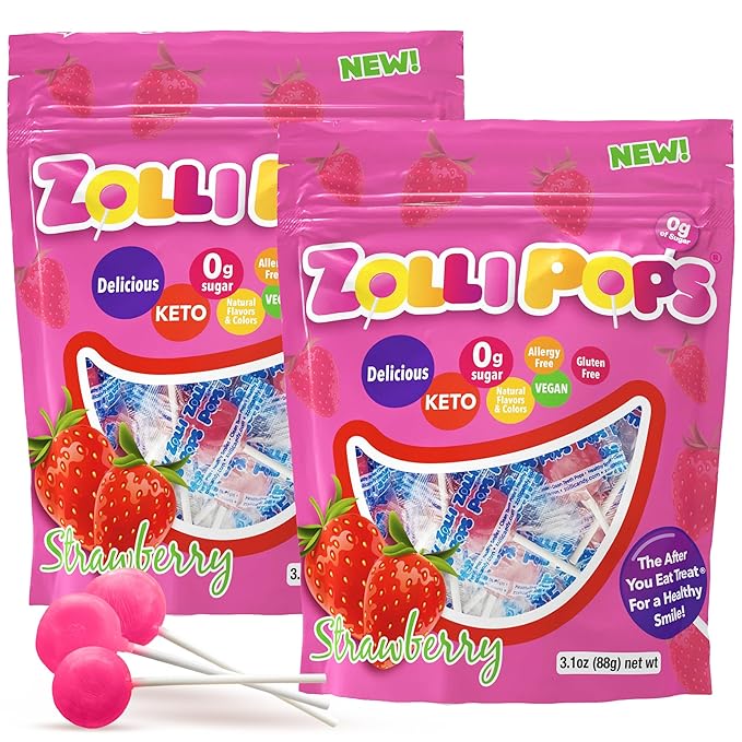 Zollipops Clean Teeth Pops Sugar Free Candy with Xylitol, Dye-Free Lollipops - Keto & Diabetic-Friendly, Dentist-Approved Treats for Kids (Strawberry 3.1 oz, Pack of 2)