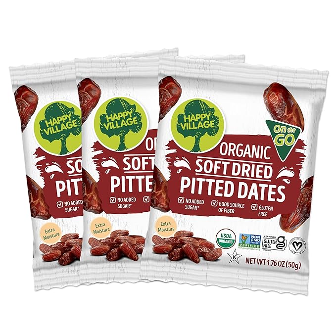 Happy Village Organic Soft Dried Pitted Dates On the Go – 3 Bags (15 Individual Portion Packs) | Healthy, Organic, Non-GMO, Vegan, Kosher, Gluten-Free Snack Packs