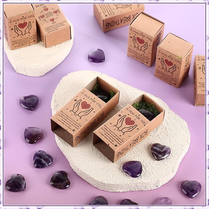 Landical 50 Sets Pocket Hug Token Gifts Small Crystal Heart Stones Bulk with Boxes Mini Heart Shape Natural Stones for Colleagues Family Distance Social Celebration of Life Gifts(Purple)