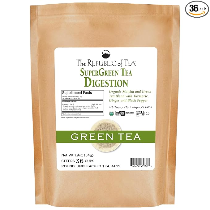 The Republic of Tea - Organic Digestion SuperGreen Tea Refill Bag, 36 Tea Bags, Naturally Caffeinated Japanese Matcha and Green Tea