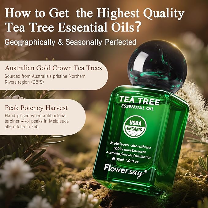 Flower Say Tea Tree Essential Oil for Skin, USDA Organic Tea Tree Oil for Hair, 100% Pure & Nature Essential Oil for Toenails, Diffuser, Aromatherapy-30ml