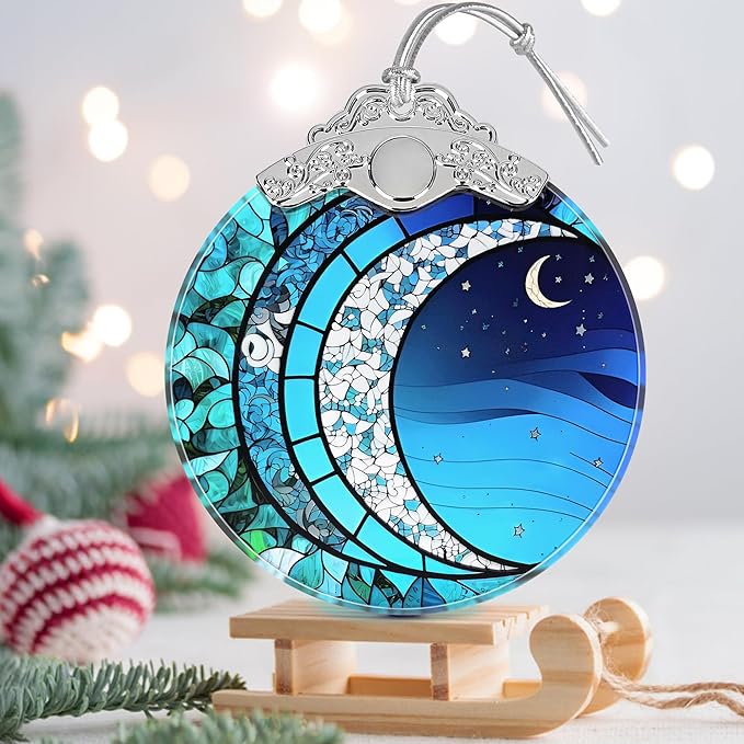 Art Blue Moonlight Stained Glass Orament - Christmas Ornament - Christmas Decorations for Tree - Holiday Present ldeas - Gift Exchange
