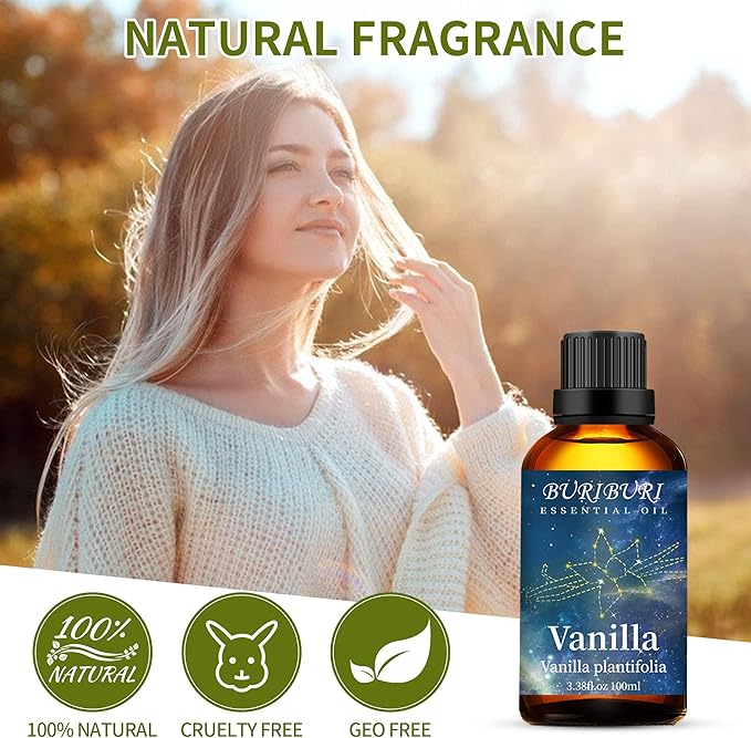 BURIBURI 100ML Vanilla Essential Oil, 100% Pure Undiluted Aromatherapy Vanilla Oil 3.38fl.oz for Soap, Candle Making, Massage, Diffuser, Humidifier