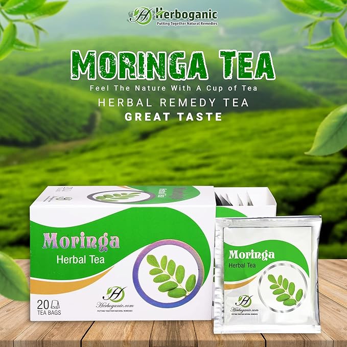 HERBOGANIC Moringa Herbal Tea - Digestion Support and Immune Boost | Refreshing and Delicious Blend | Natural Ingredients | 20 Tea Bags