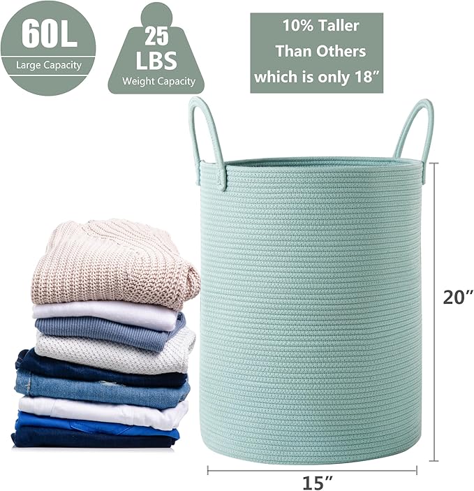 15Dx20H inches Tall Green Hamper Cotton Rope Laundry Basket Woven Hamper for Clothes Blanket Storage in Bedroom Livng Room for Baby Nursery Kids Toys Organize 60L Capacity