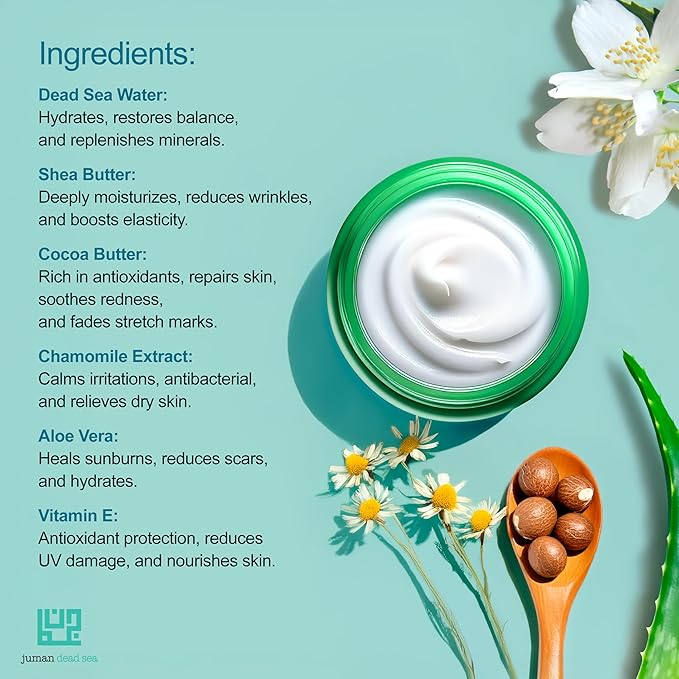 Juman Dead Sea Mineral Body Butter | SLS & Paraben Free | Made with Active Natural Ingredients | Jasmine Scented Body Butter | Suitable for Sensitive Skin | 7.1oz