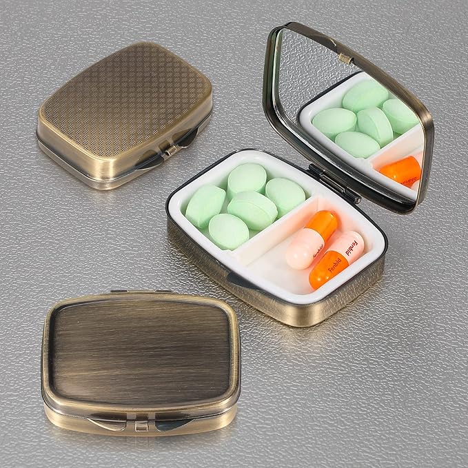 Dynippy Pill Case Pill Box with Mirror Retro Pocket 2 Compartment Medicine Case Vitamin Pill Organizer for Pocket Purse and Travel (A-Retro)