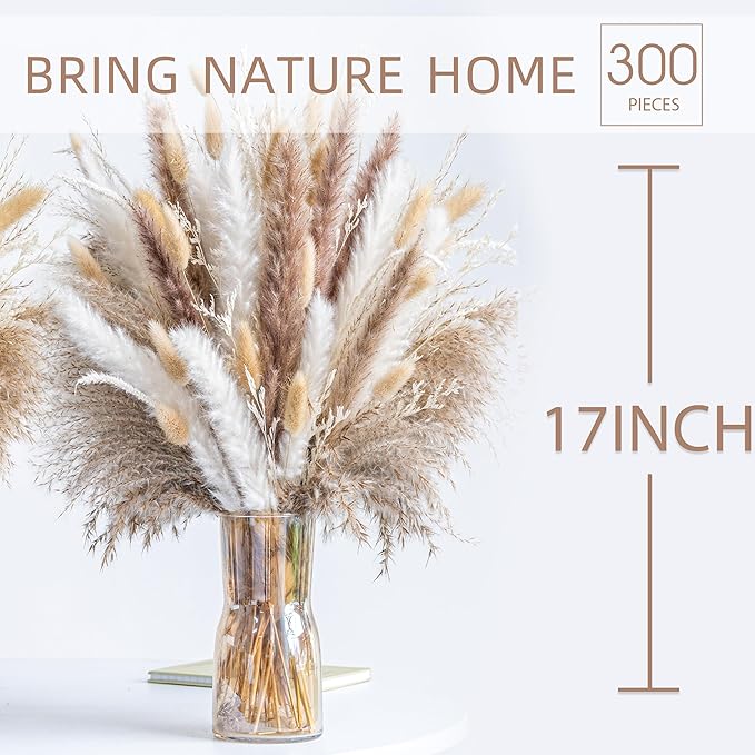 300PCS Natural Dried Pampas Grass Boho Home Decor Bouquet Phragmites Dried Flowers Bouquet for Wedding Floral Arrangements Home Decorations (300PCS)