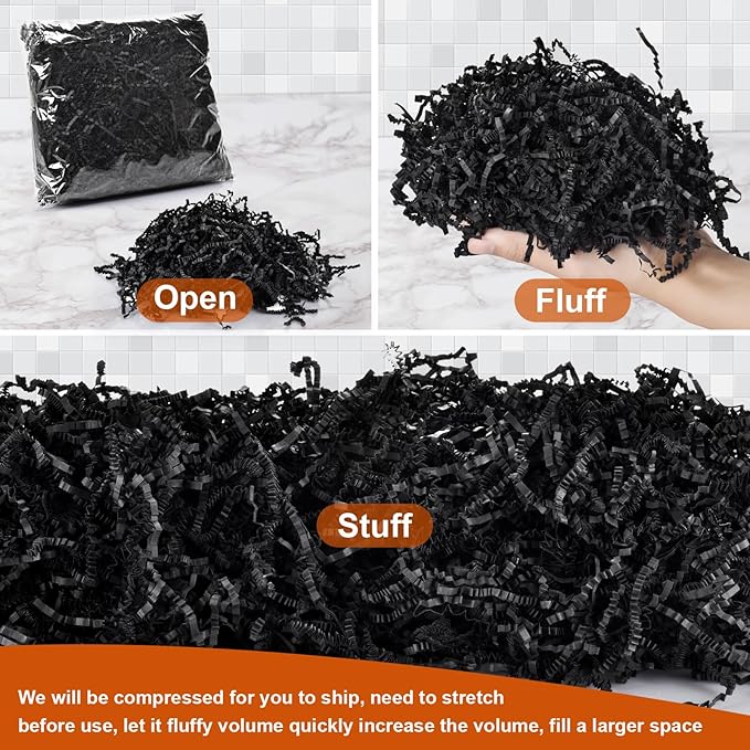 Darfukei Shredded Paper For Gift Baskets, 1/2LB (8 oz) Black Crinkle Paper Filler, Crinkle Cut Paper Shred For Birthdays, Weddings,Boxes Bags,Halloween Basket Filler,Anniversaries,Gift Wrapping