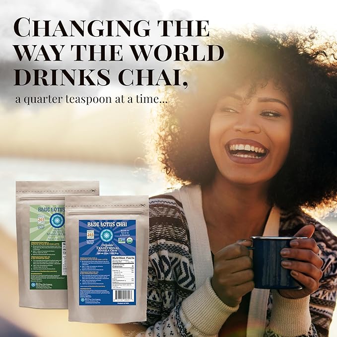 Blue Lotus Chai – Fully Organic Traditional Masala Chai - Makes 265 Cups – Just Add Hot Water, No Steeping, No Gluten - 8 Ounce Masala Spiced Chai Powder with Organic Spices – Authentic Indian Tea