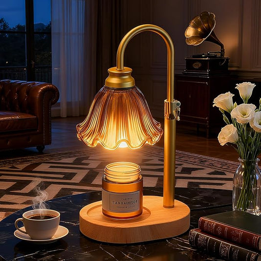 Candle Warmer Lamp with Adjustable Height - Flameless 4-Level Dimmable Wax Warmer with Colorful Glass Shade & Wooden Base, Timer Function & Stylish Design in Multiple Colors (Brown)