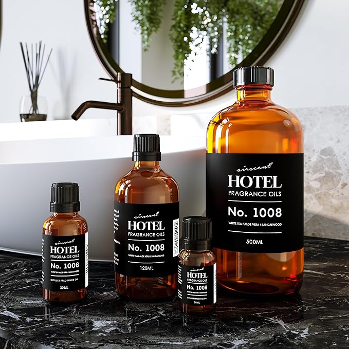 AirScent Hotel Diffuser Oil No. 1008 - White Tea, Aloe Vera & Sandalwood - Premium Fragrance Oil for Ultrasonic and Waterless Diffusers and Crafting - 500 mL, 16.9 fl oz Glass Bottle