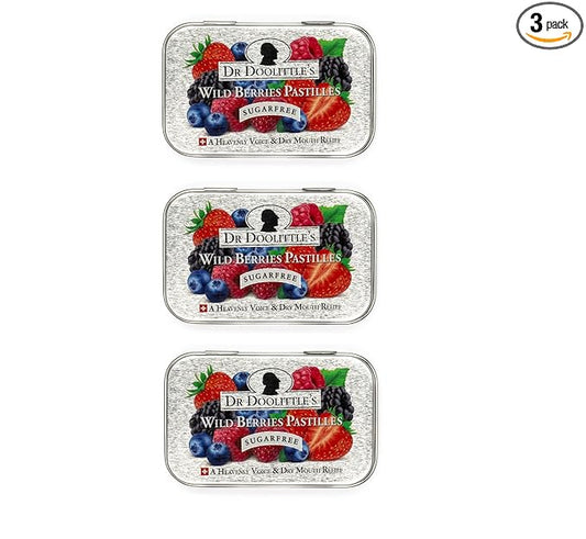 DOOLITTLE Dr Sugar Free Soft Fruit Pastilles for Voice and Throat Gift Set, Wild Berries Flavor, 2.12 Ounce Tin, Approximately 25 Count Package, 3 Tin